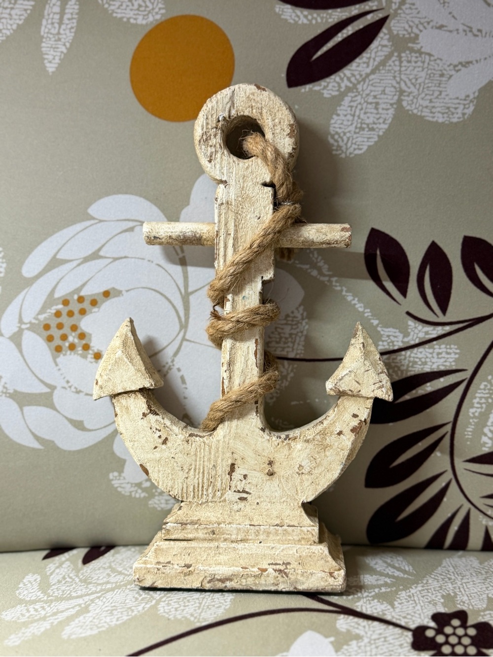 Distressed Wooden Anchor Decor - Cream Nautical Accent